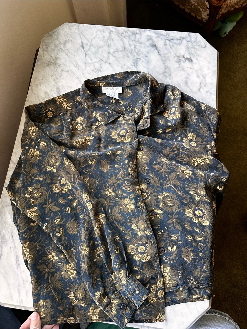 Jones New York Black and Gold Floral Satin Button-Up Jacket